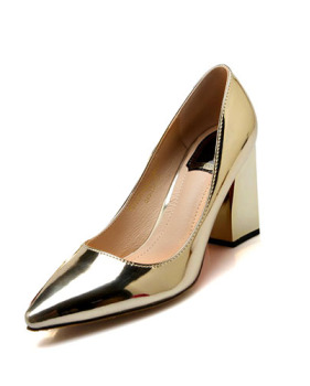 Fashion Pointed Closed Toe Shallow Mouth Design Chunky High Heel Gold PU Basic Pumps