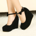 Fashion Round Closed Toe Super High Wedges Black Suede Ankle Strap Pumps Fashion Round Closed Toe Super High Wedges Black Suede Ankle Strap Pumps