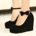 Fashion Round Closed Toe Super High Wedges Black Suede Ankle Strap Pumps Fashion Round Closed Toe Super High Wedges Black Suede Ankle Strap Pumps
