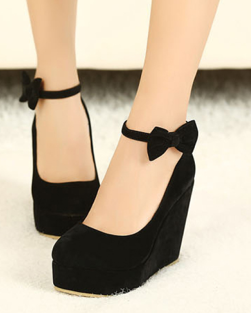 Fashion Round Closed Toe Super High Wedges Black Suede Ankle Strap Pumps Fashion Round Closed Toe Super High Wedges Black Suede Ankle Strap Pumps