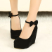 Fashion Round Closed Toe Super High Wedges Black Suede Ankle Strap Pumps Fashion Round Closed Toe Super High Wedges Black Suede Ankle Strap Pumps