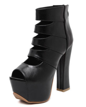 Fashion Round Peep Toe Cut-out Platform Chunky Super High Heel Black PU Basic Pumps