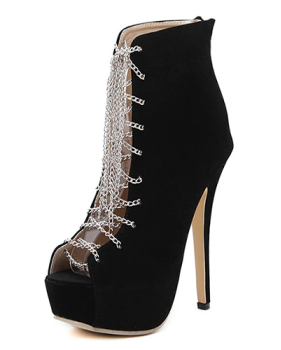 Fashion Round Peep Toe Lace-up Stiletto Super High Heel Black PU Basic Pumps