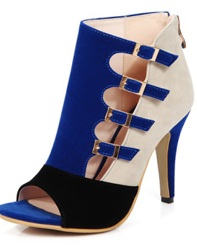 Stylish Open-Toed Buckle Color Block Patchwork Stiletto Super High Heel Blue PU Basic Pumps