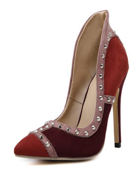 Stylish Pointed Closed Toe Rivet Decorative Stiletto Super High Heel Wine Red PU Basic Pumps