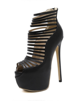Stylish Round Peep Toe Hollow-out Stiletto Super High Heel PU Gladiator Pumps
