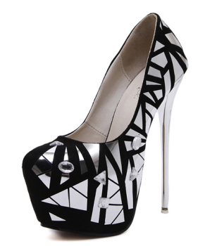 Stylish Round Toe Closed Toe Sequined Decorative Stiletto Super High Heel Black PU Basic Pumps