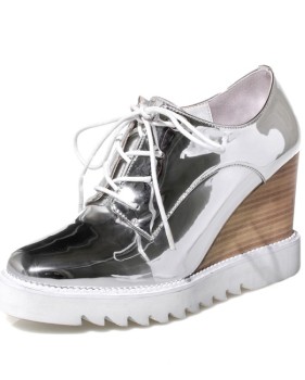 Sweet Style Square Closed Toe Lace-up Wedges Super High Heel Silver PU Basic Pumps