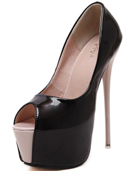 Trendy Round Peep Toe Color-block Patchwork Platform Stiletto Super High Heel Black PU Pumps