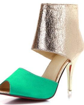 Trendy Round Peep Toe Color-block Patchwork Stiletto Super High Heel Green PU Pumps
