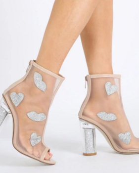 Fashion Pointed Peep Toe See-Through Chunky Super High Heel Apricot Net Yarn Sandals