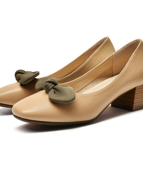 New fashion versatile bow medium coarse heel shallow mouth single shoes #95021