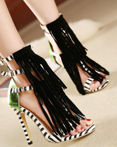 Trendy Peep Toe Patchwork Striped Tassels Decorated Stiletto Super High Heel Black PU Ankle Wrap Sandals Trendy Peep Toe Patchwork Striped Tassels Decorated Stiletto Super High Heel Black PU Ankle Wrap Sandals