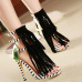 Trendy Peep Toe Patchwork Striped Tassels Decorated Stiletto Super High Heel Black PU Ankle Wrap Sandals Trendy Peep Toe Patchwork Striped Tassels Decorated Stiletto Super High Heel Black PU Ankle Wrap Sandals