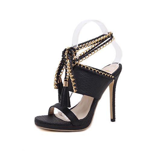 Trendy Point Peep Toe Chain Decorative Stiletto Super High Heel Black PU Ankle Strap Sandals