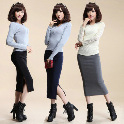 2016 Autumn Winter Women Skirt Wool Rib Knit Long Skirt Faldas Package Hip Split Skirts  D919