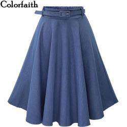 2017 Autumn Winter Fashion Women Skirt Vintage Retro High Waist Pleated Midi Skirt Denim Flared Belt Skirt Saia Femininas SK098