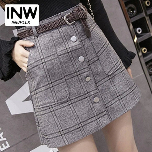 2017 New Autumn Skirts Womens Fashion Plaid Skirt Femme Single Breaste Faldas Female Casual Brown Gray Xadrez Women Skirt