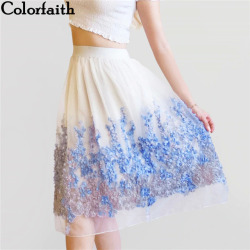 2017 New Puff Women Organza Tulle Skirt White faldas High waist Midi Appliques Floral Sakter Skirt Female Tutu Skirts SP022