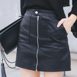 2018 Autumn Winter Women Skirt PU Leather Sexy Mini Skirt With Pockets Zipper A-line Package Hip High Waist Women Clothing