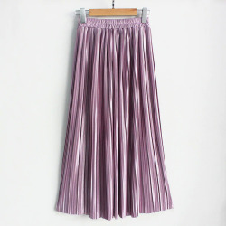 2018 Casual Pleated Maxi Skirt Long Women Skirt Mid-calf Beach Metallic Vintage High Waist Mid Skirts Midiskirt Lavender