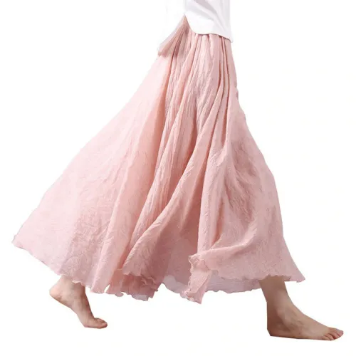 2018 Fashion Design Summer Women Skirt Linen Cotton Vintage Long Skirts Elastic Waist Boho Beige Pink Maxi Skirts Faldas Saia