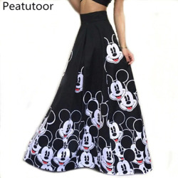 2018 Fashion Maxi Long Skirt Floor Length Ladies Elastic High Waist Muslim Skirts Women Mickey Printed Boho Vintage Midi Skirt