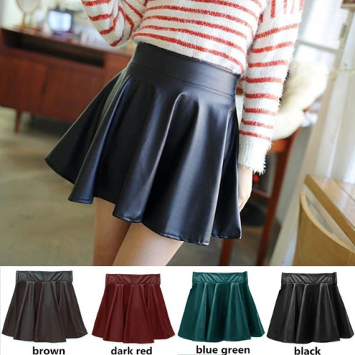 2018 New Women Faux Leather Vintage Skirts Elastic High Waist Skater Flared Pleated Stretch Mini Skirt