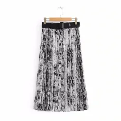2018 New Women Vintage sexy snake skin printing pleated midi skirt faldas mujer ladies PU sashes chic mid-calf skirts QUN166