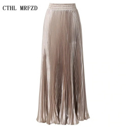 2018 Summer New Fashion Vintage Metallic Bling Bling Glitter Gold Pleated A Line Women Long Maxi Flare Skater Party Skirt