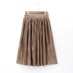 2018 Women Korean Style High Waist Elastic Plus Size Solid Color Knee Length Metallic Pleated Skirts Sexy Vintage Saia Midi