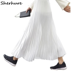 2018 Women Long Pleated Skirt High Waist Women White Long Skirt Female Autumn High Quality Vintage Women Maxi Skirt Saia