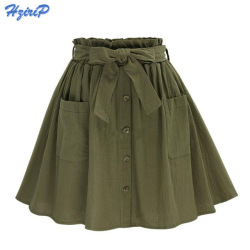 2018 Women's Skirts Vintage High Waist Pocket Solid Bow Belt Midi Skirt New Arrival Summer Europe Army Green Girls Skirt Faldas