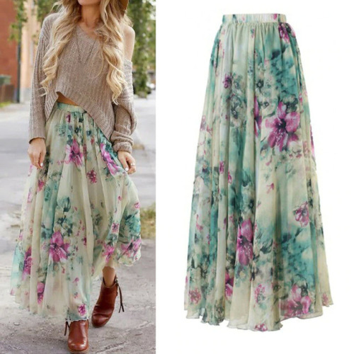 2019 New Boho Women Flower Long Skirt Full Summer Beach Sunny Skirts Floral Chiffon Ruched Women Skirt Summer Clothing