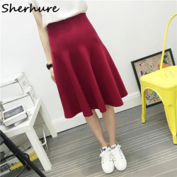 2019 New Sexy Women Knitted Skirt Autumn Winter Solid High Waist Midi Skirts A-Line Pleated Skirt Female Jupe Saia High Quality