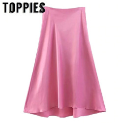 2019 Spring Summer Cute Silk Pink Skirt Womens High Waist Long Skirt Irregular Hem Bottoms A Line Falda Saia Lady Streetwear