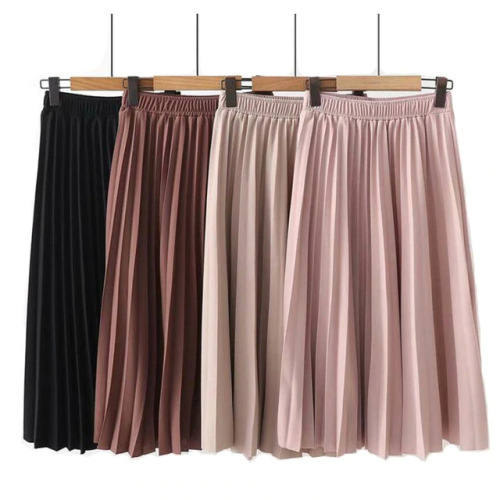 2019 Spring Summer Women High Waist Skirt Solid Color Pleated Skirt Women Causal Midi Skirts