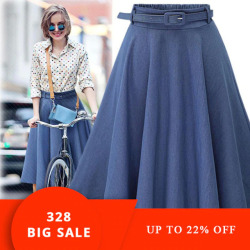 2019 Summer Autumn Women Denim Jeans Skirts A line Casual Skirt High Elastic Waist Streetwear Midi Pleated Female Clothing