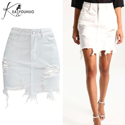 2019 Summer Female Bodycon Skirts For Womens Pencil Denim High Waist Ripped Jeans Woman Tassel Black Skirt White Jeans Trousers