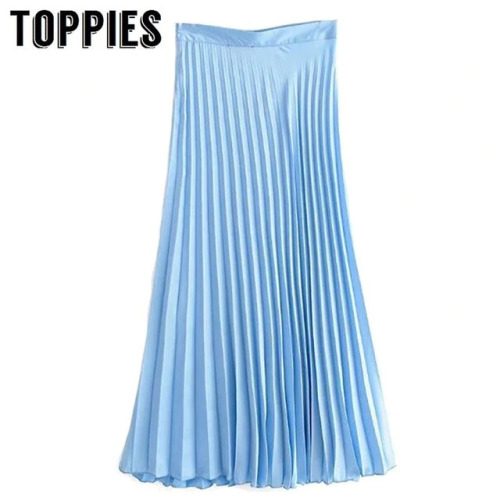 2019 Summer Pleated Skirts Womens High Waist Light Blue Pink Long Skirt England Style Ladies Faldas Saia