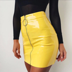 2019 Women PU Leather Mini Skirt High Waist Plain Flared Skirt Short Sexy Zipper Siderosphere Party Evening Fashion Ladies Femme