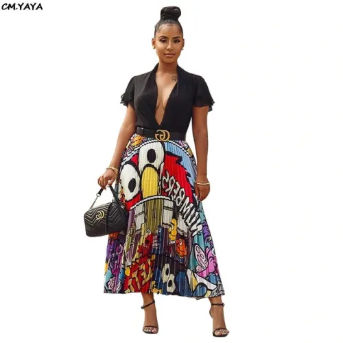 2019 new women vintage character letter print high waist mid-calf length pleated skirts vintage big swing skirt 4 color LD8277-1