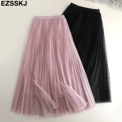 2019 spring Summer Tulle Skirt Women pleated tutu skirt beading A-line mesh midi Skirt female Three-layer long elegant skirt