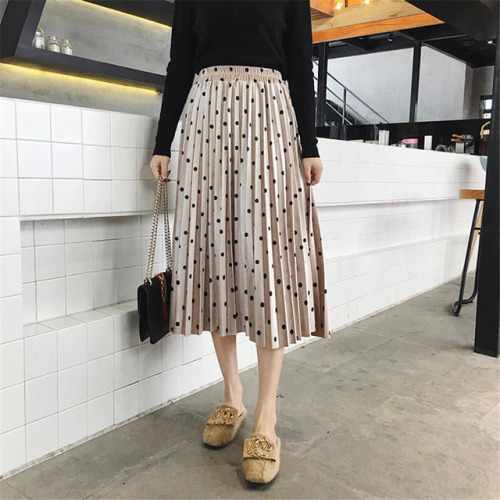 2019 summer autumn Skirts Women Fashion Velvet A-Line Pleated Dot Gorgeous Female Casual Elastic Waist Midi Skirts streetwear