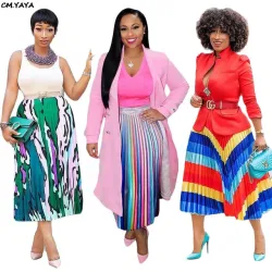 2019 summer new women vintage stripes print high waist mid-calf length pleated skirts active wear fashion skirt 3 color S3524