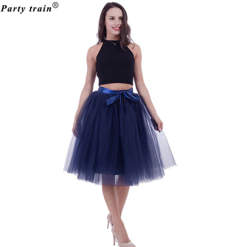 5 Layers 65cm Midi Tulle Skirt Princess Pleated Dance Tutu Skirts Womens Lolita Petticoat Jupe Saia faldas Denim Party Skirts