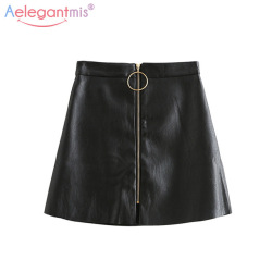 Aelegantmis Spring Summer Casual PU Leather Skirt Women Elegant Zipper Mini A-Line Skirt Lady Skinny High Waist Skirts Black