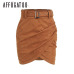 Affogatoo High waist suede leather skirts 2018 Autumn winter belt ruched bodycon skirt Women asymmetric short skirts female