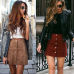 Apparel  suede leather women skirt 90's Vintage  short skirt Winter high waist casual skirts with button