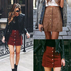 Apparel  suede leather women skirt 90's Vintage  short skirt Winter high waist casual skirts with button